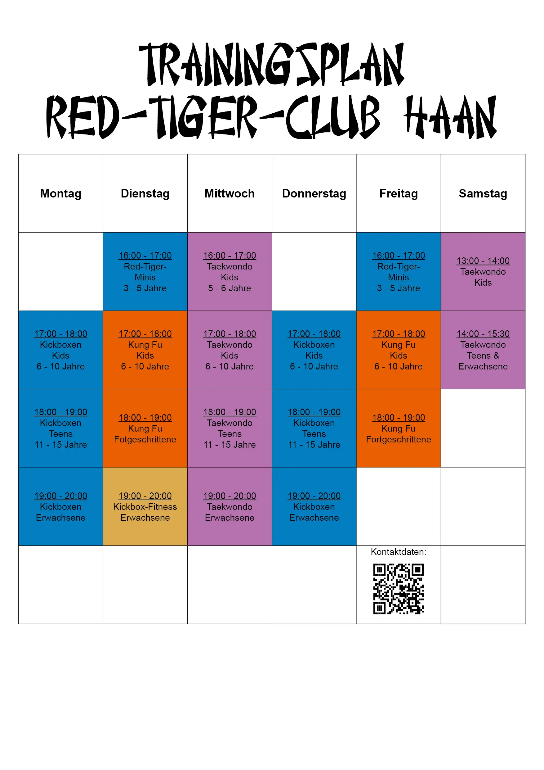 Trainingsplan Red-Tiger-Club-Haan Fitnessboxen, Kickbox-Fitness, Kung Fu, Kickboxen, Taekwondo Haan, Solingen, Wuppertal, Hilden