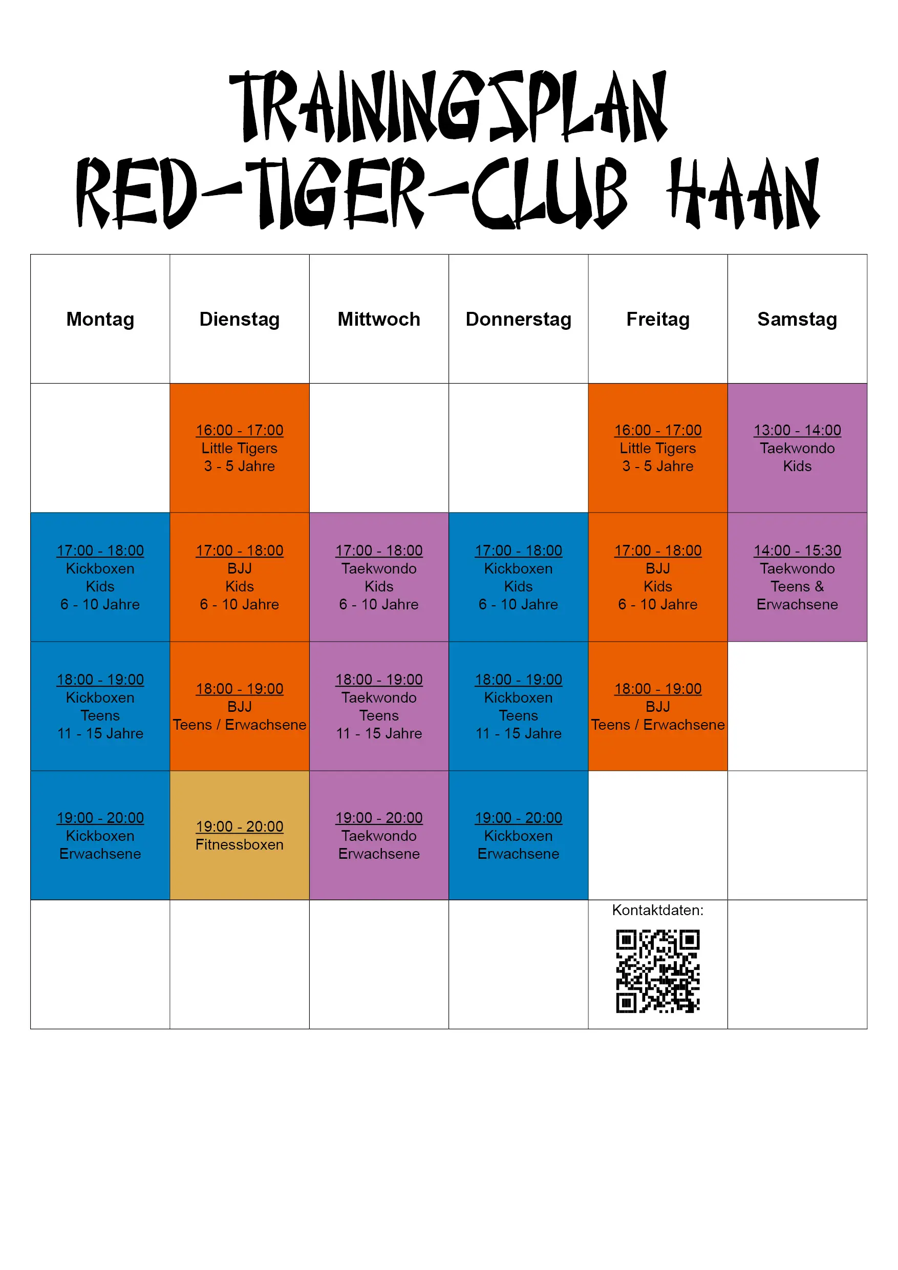 Trainingsplan Red-Tiger-Club-Haan Fitnessboxen, Kickbox-Fitness, Kickboxen, Taekwondo, BJJ, Brazilian Jiu Jitsu, Haan, Solingen, Wuppertal, Hilden, Velbert, Wülfrath