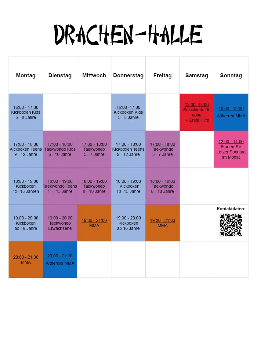 Trainingsplan Red-Tiger-Club-Drachen Personal Training, Kickboxen, MMA, Altherren MMA, Taekwondo, Selbstverteidigung, SV, Erste Hilfe, Düsseldorf Gerresheim, Vennhausen, Unterbach, Flingern