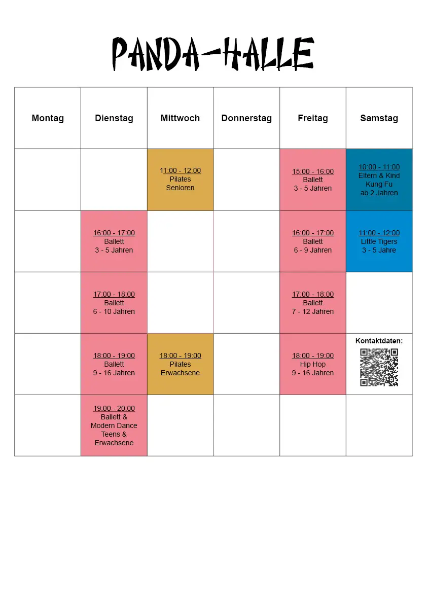 Trainingsplan Red-Tiger-Club-Panda Kopie Ballett, Hip Hop, Pilates, Kickboxen, Eltern und Kind Kung Fu, Düsseldorf Gerresheim, Eller, Vennhausen, Unterbach, Flingern, Erkrath